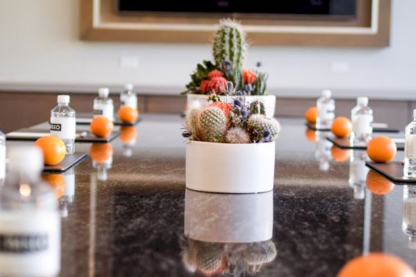 A conference table with a cactus centerpiece, surrounded by bottled water and oranges, with a large screen on the wall in the background.