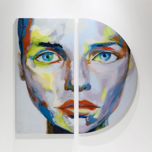 The image shows a colorful abstract painting of a human face, split into two parts, with vibrant hues on a white background.