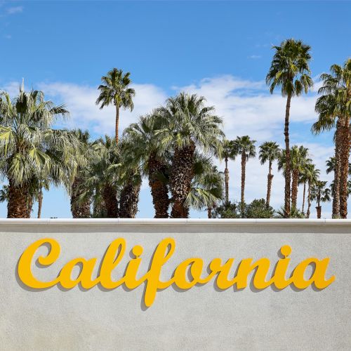 The image shows a concrete wall with "California" in yellow script and palm trees against a blue sky in the background.